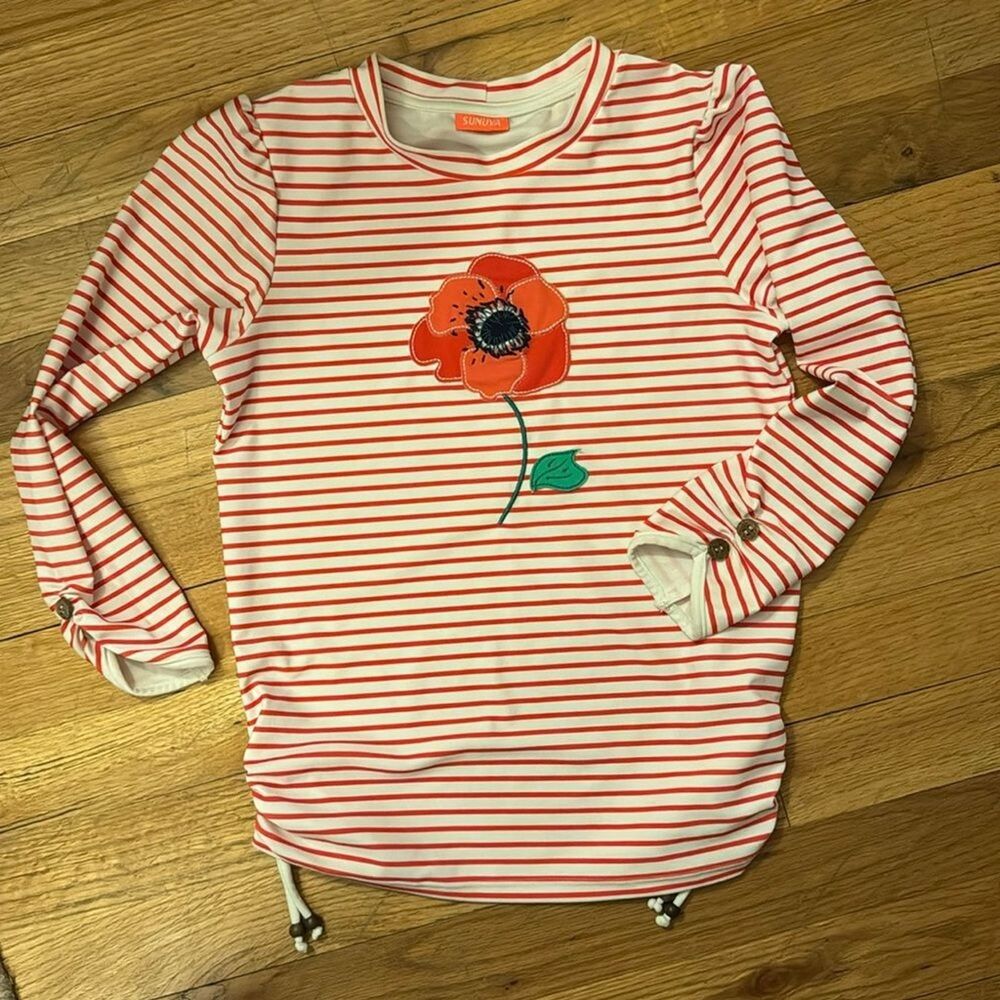 Sunuva girls red and white striped poppy swim rash guard 9-10